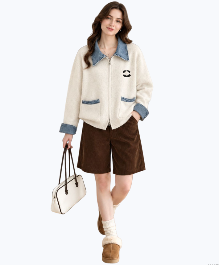 Designer Womens Sweater piece denim stitching knitting open sweatshirt sweater womens loose zipper jacket for autumn and winter