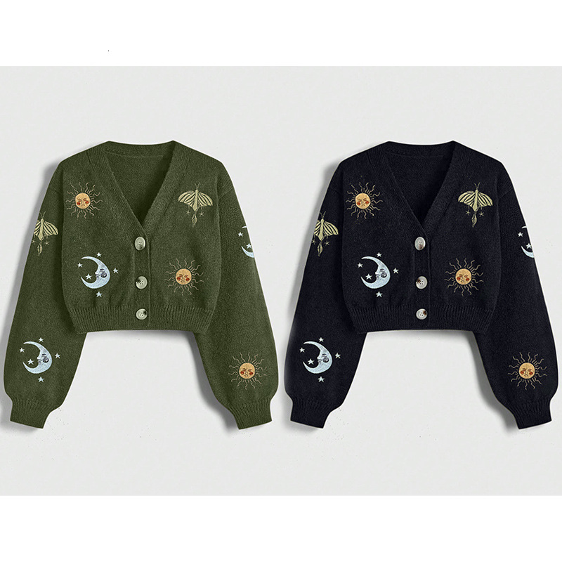 High-End Fashion Daily Luxury Clothing New Women's Embroidered Button Knit Cardigan Sweater With Sun Moon Pattern, Lantern Sleeves, And V-Neck