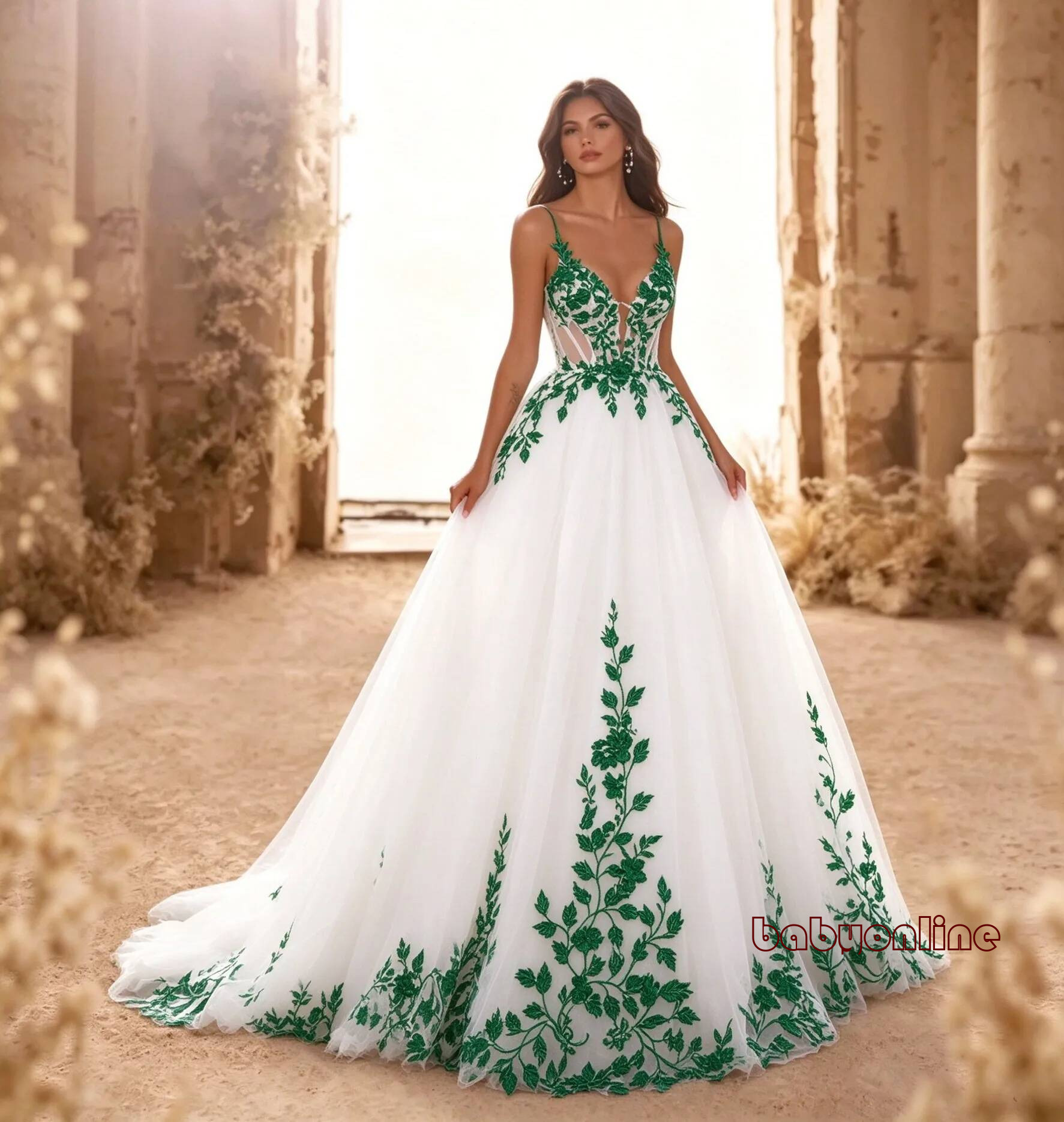 Boho White Tulle Wedding Dress Spaghetti Strap V Neck Green Leaf Lace Appliques A Line Bridal Gown Floor Length Train Beach Bride Formal Wear Custom