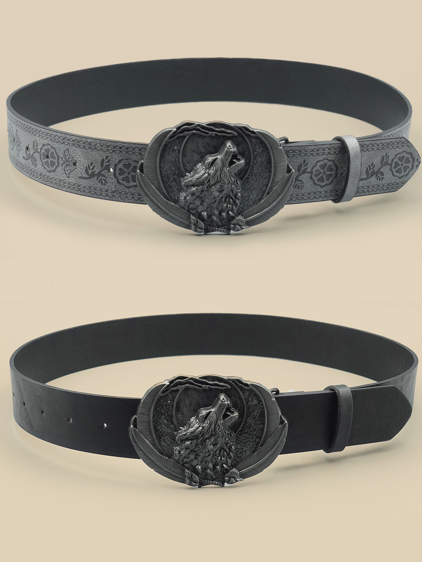 Men Vintage Western Wolf Buckle Streetwear Casual Pu Leather Belt 26Y1019