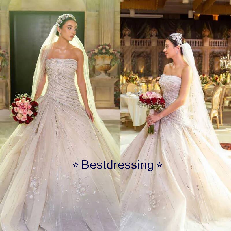 Elegant A Line Applique Wedding Strapless Sequins Bridal Gowns Sweep Train Rhinestone Bride Dress Customized Bd019