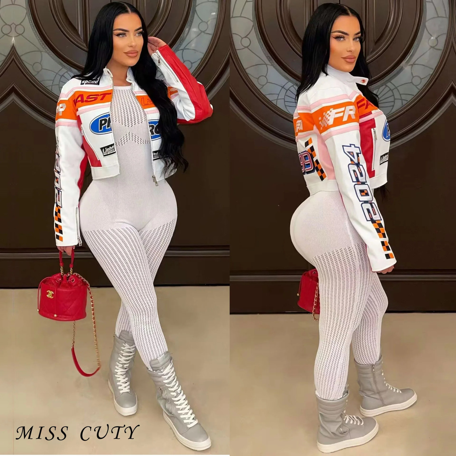 Printed Cyber Racer Jackets Women Fashion Baseball Coats Y2K Streetwear Winter Fall Clothing Graphic Top Jackets Crop Coats 261015