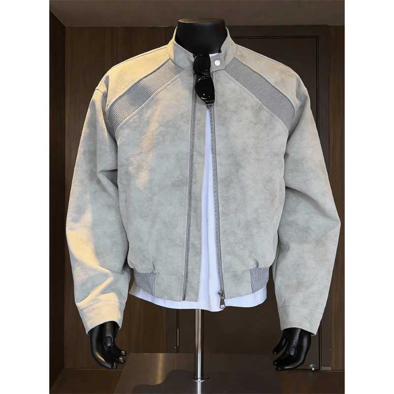 American style patchwork structure stand up collar leather flying men's jacket baseball jacket spring autumn zipper jacket T261019