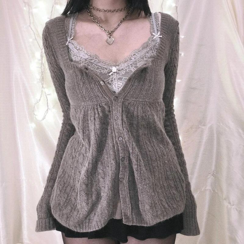 Cardigan en tricot torsadé à col carré pour femmes, haut rétro à manches longues et boutons, gris