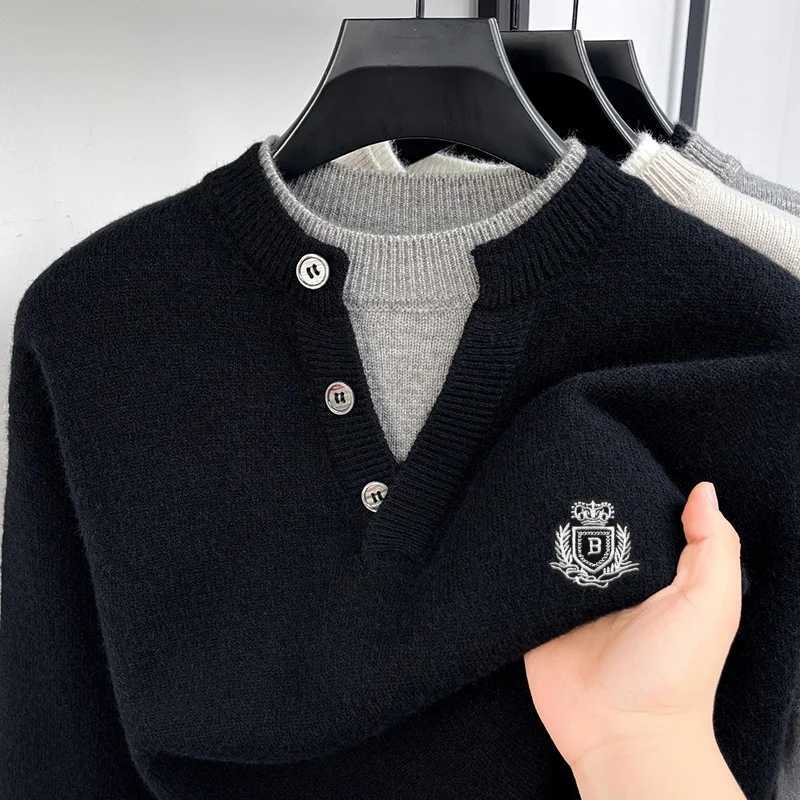 Sweater British Style Mens Long-Slved Button Round Neck False Two-Piece Embroidery Knitwear Fashion Trend Hot-Selling for Men M261016