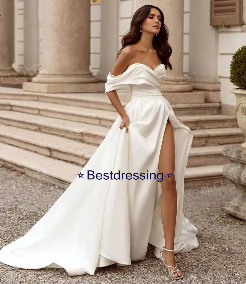 Off The Shoulder A Line Wedding Dress 2024 Sleeveless Satin Bride Gown Beach Princess Plus Size Vestidos De Noiva Customed Bd019