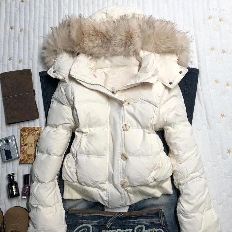 American Retro Fur Collar Warm Solid Color Women Hooded Cotton Coat Ins Winter Loose Casual Slim Jackets