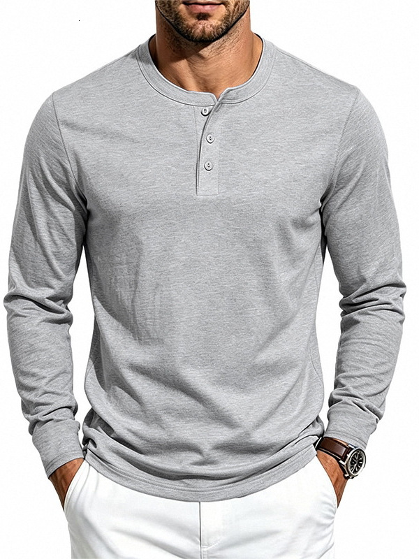 men's spring and autumn solid color T-shirt, loose-fitting Henley neck knit pullover long-sleeve shirt