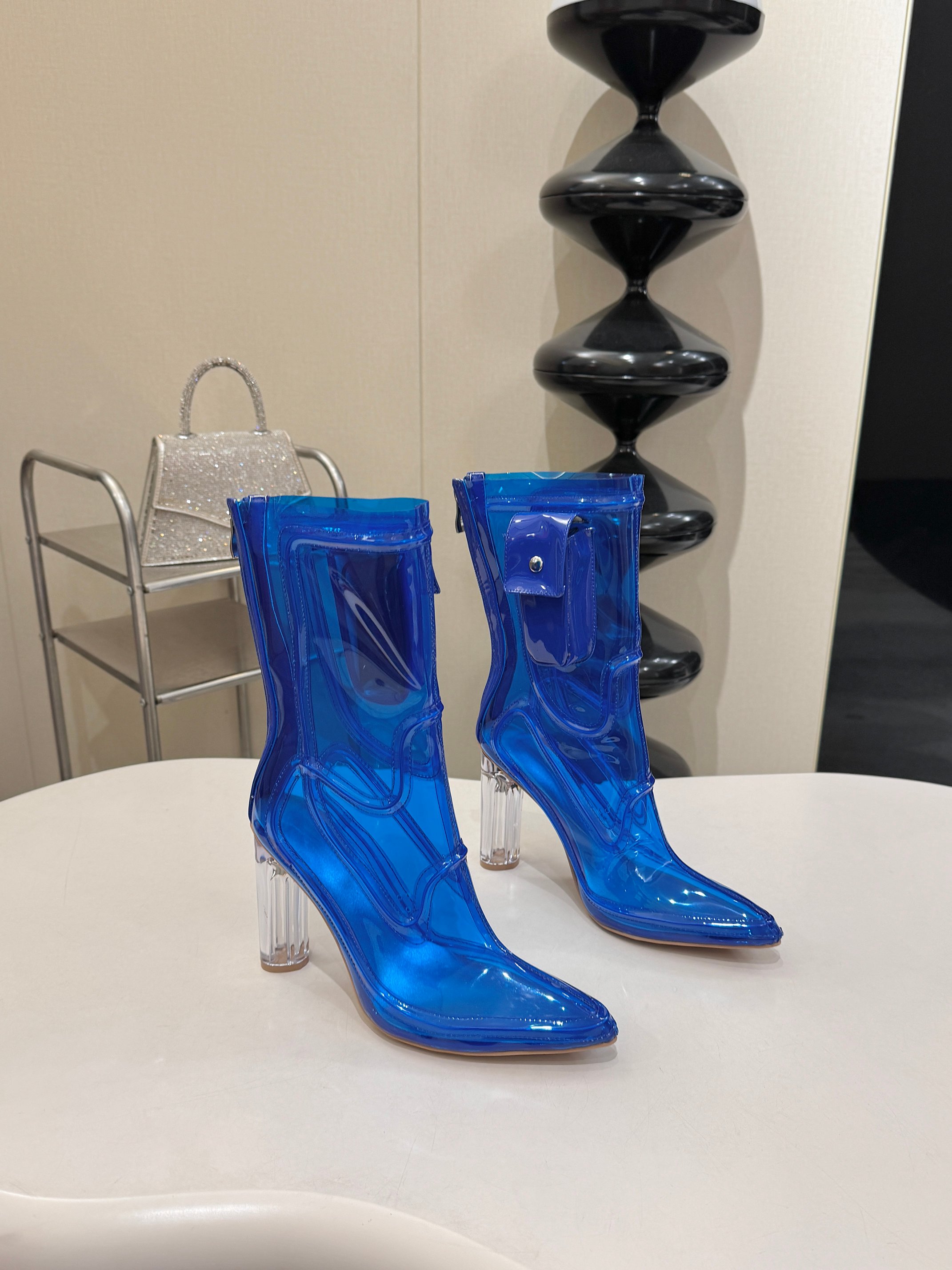 Fashion PVC Transparent High Heel Boots Italian Genuine Leather Sole Chunky Heel Riding Boots Streetwear Cool Custom Large Size Women's Boot