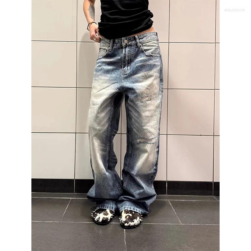 Blue Vintage Y2k Women Jeans Wash Harajuku Low Waist Japanese 2000s Style Denim Pants Baggy American Streetwear Summer