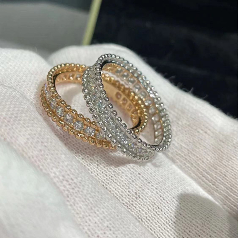 Designer Jewelry vanly cliff rings Four-Leaf Clover With Single Row Diamonds Kaleidoscope Ring 18K Rose Gold Plated Narrow Bead Ring