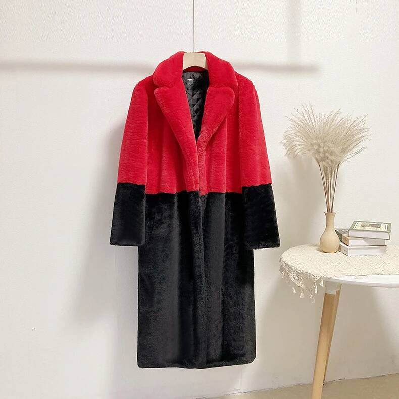 Winter Women High Quality Faux Rabbit Luxury Long Fur Coat Lapel Overcoat Thick Warm Female Plush Jacket Large Size XL