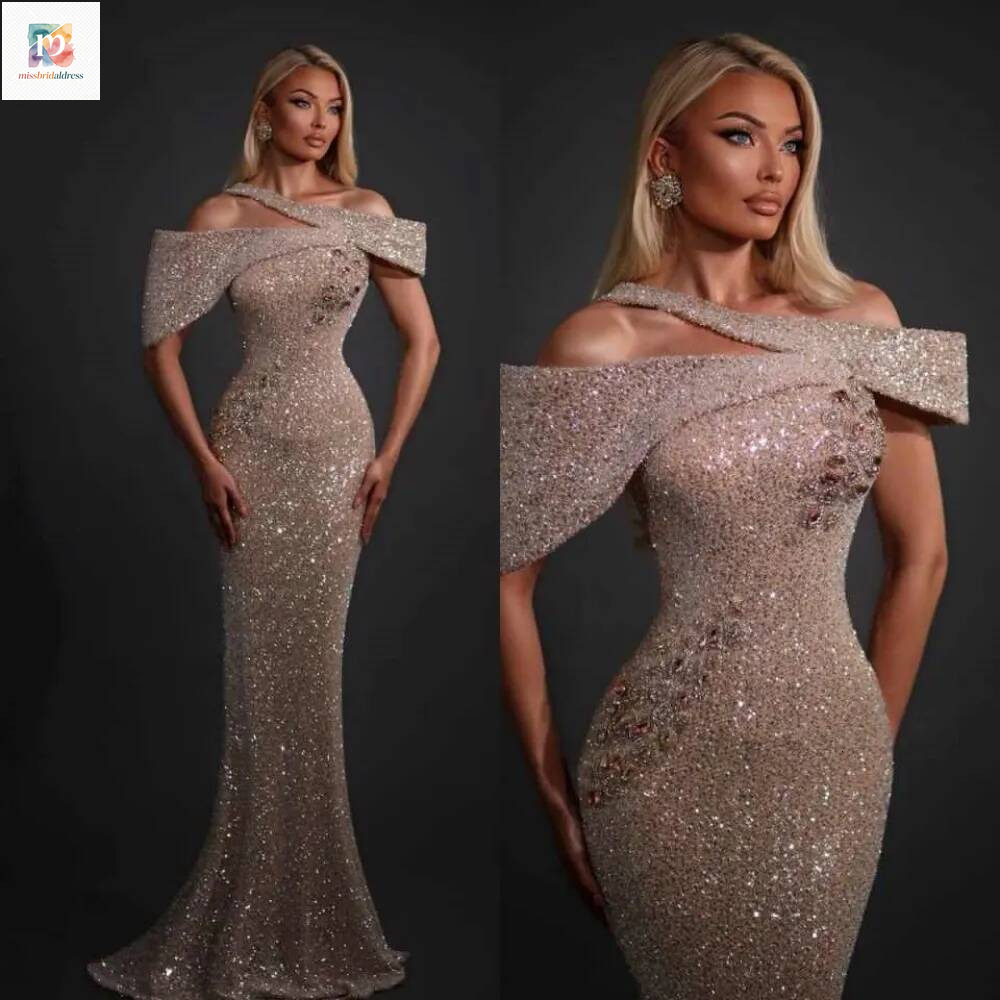 Customized Elegant Mermaid Evening Off Shoulder Strapless Sequins Rhinestone Prom Gowns Woman Formal Cocktail Dress Mb017