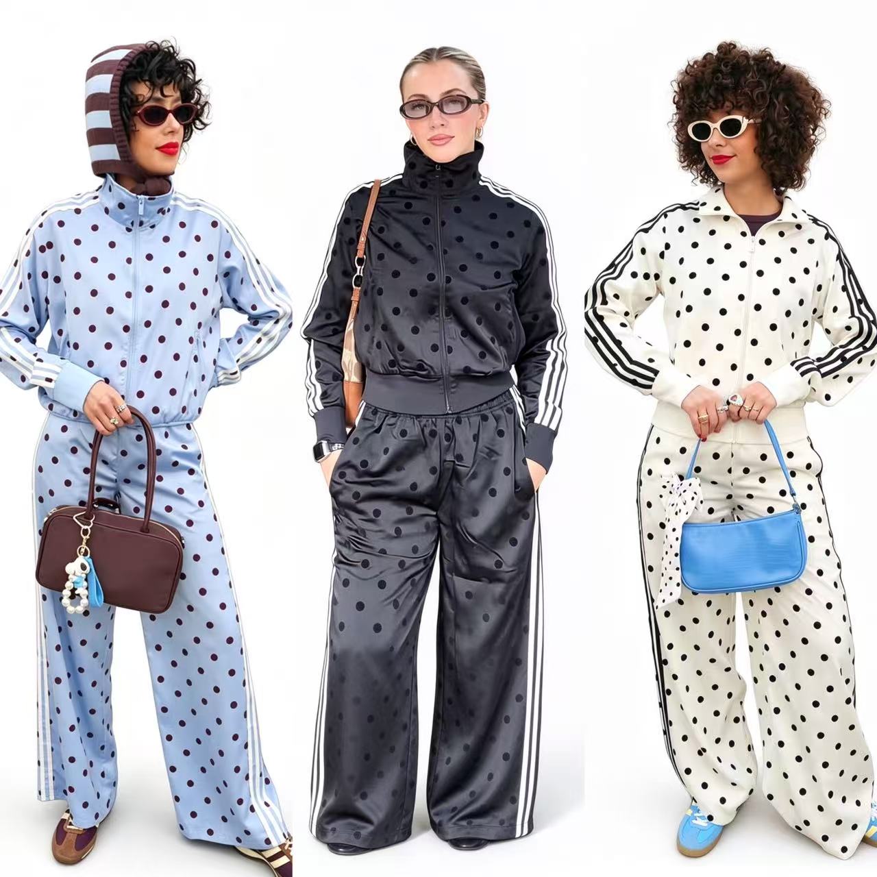 Womens Polka Dot Tracksuit 2 Piece Set Designer Sports Suit Side Stripe Zip Up Jacket Wide Leg Trousers Casual Street Outfit For Ladies