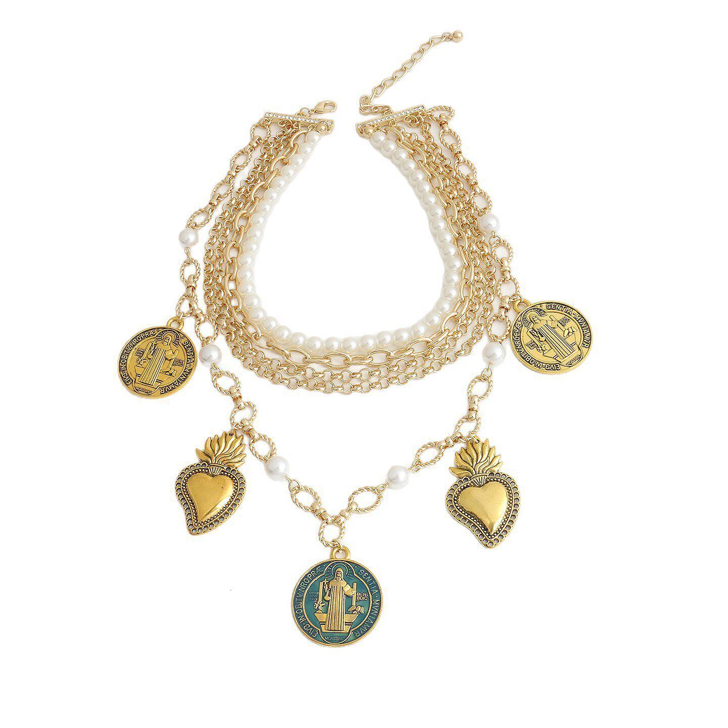 European American style, exaggerated multi-layered pearl necklace for women, featuring vintage gold-colored human head heart pendant, clavicle chain