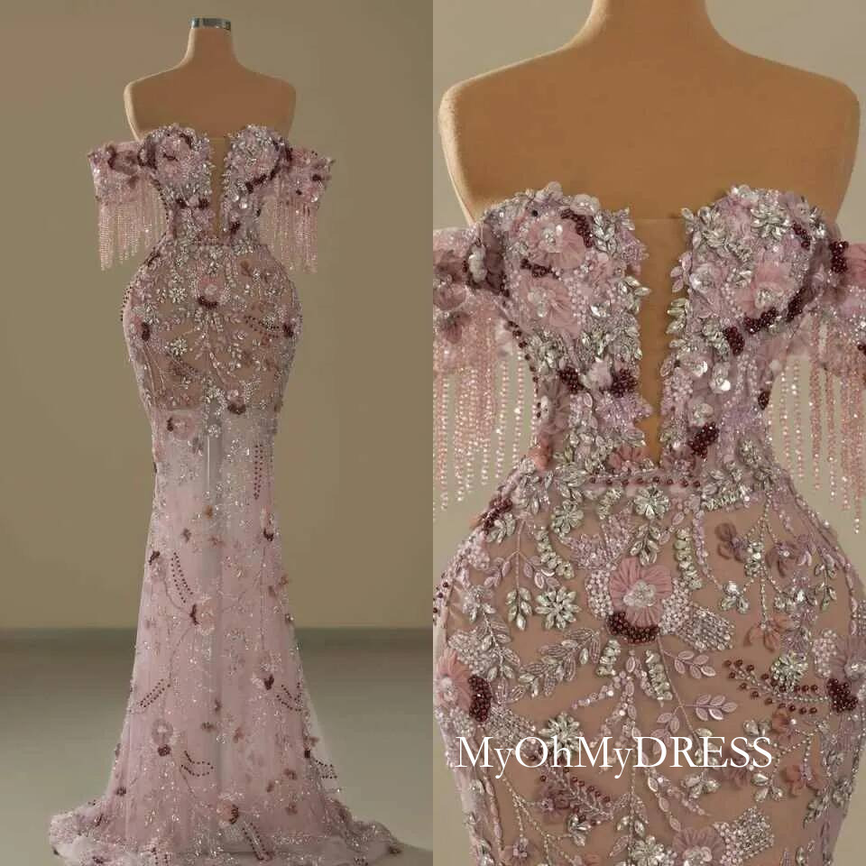 Elegant Mermaid Evening Dress Beads Tassel Crystal Woman Formal Prom Dresses Gala Vestido Noche Customized Y016