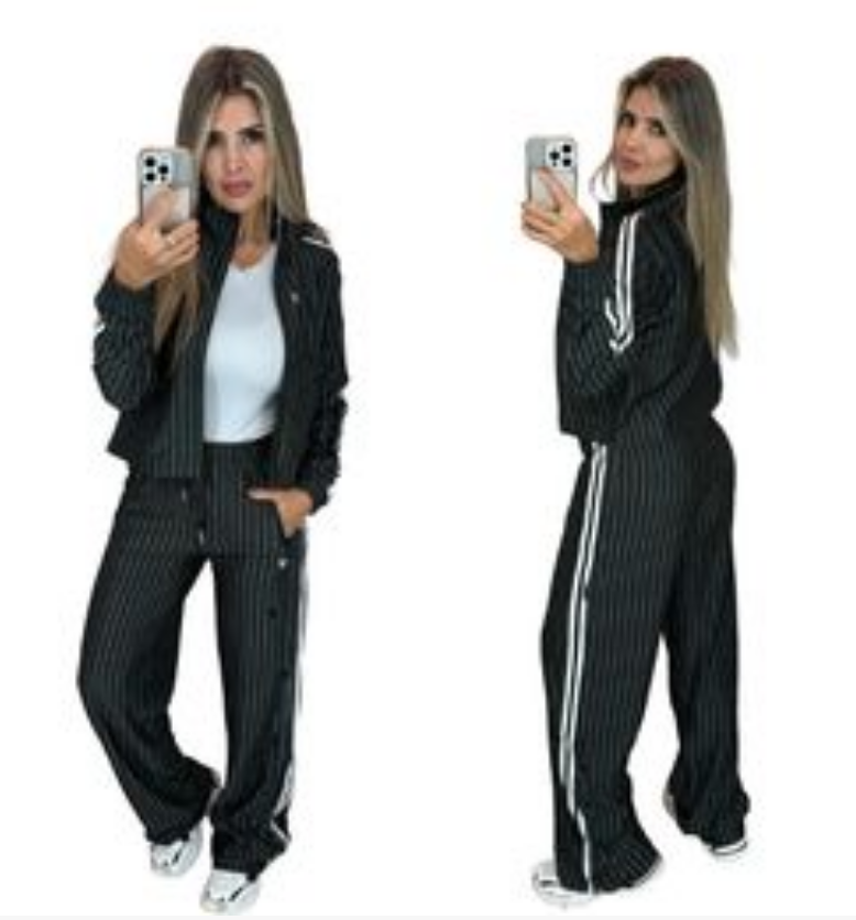 Striped black Tracksuit women's stand up collar zipper jacket loose wide leg pants casual two-piece sports set Lady Outfits