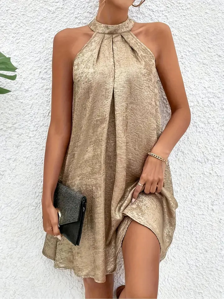 Champagne Color Women's Halter Neck Cold Shoulder Tie Back Spaghetti Strap Sleeveless Summer Dress Fashion 261014