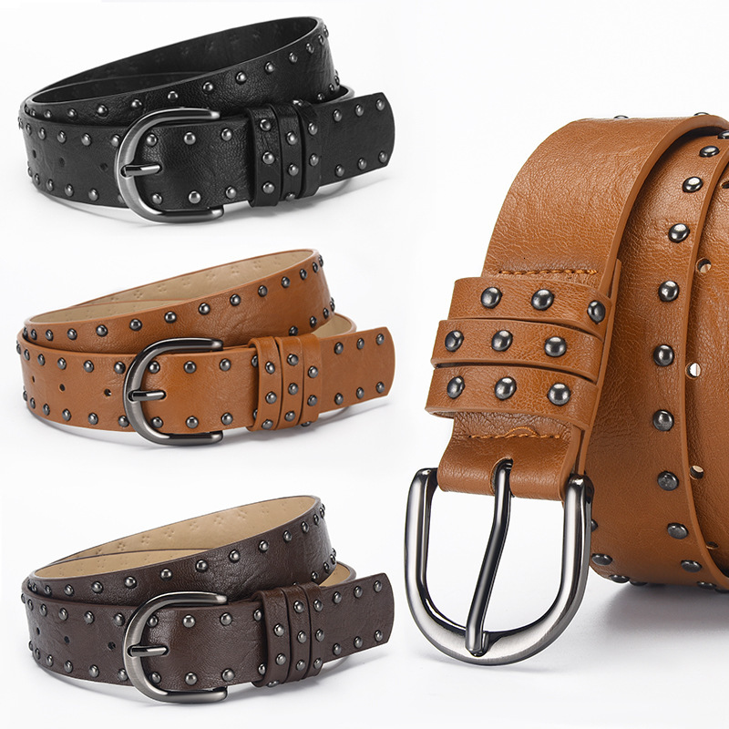 European American Punk Round Rivet For Young Men And Women, Casual Versatile Wide Leather Belt With Beads, Bestselling Model Miminail