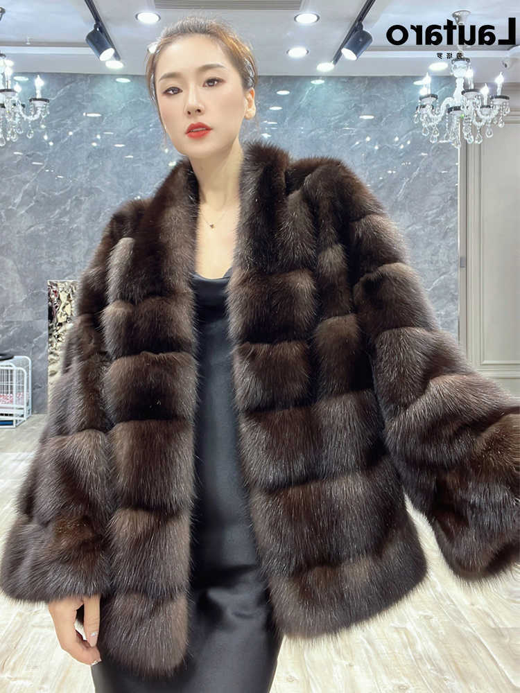 Autumn Lautaro Winter Elegant Chic Thick Warm Striped Hairy Sable Fur Coat Women V Neck Quty Fluffy Jacket S2610165HIB