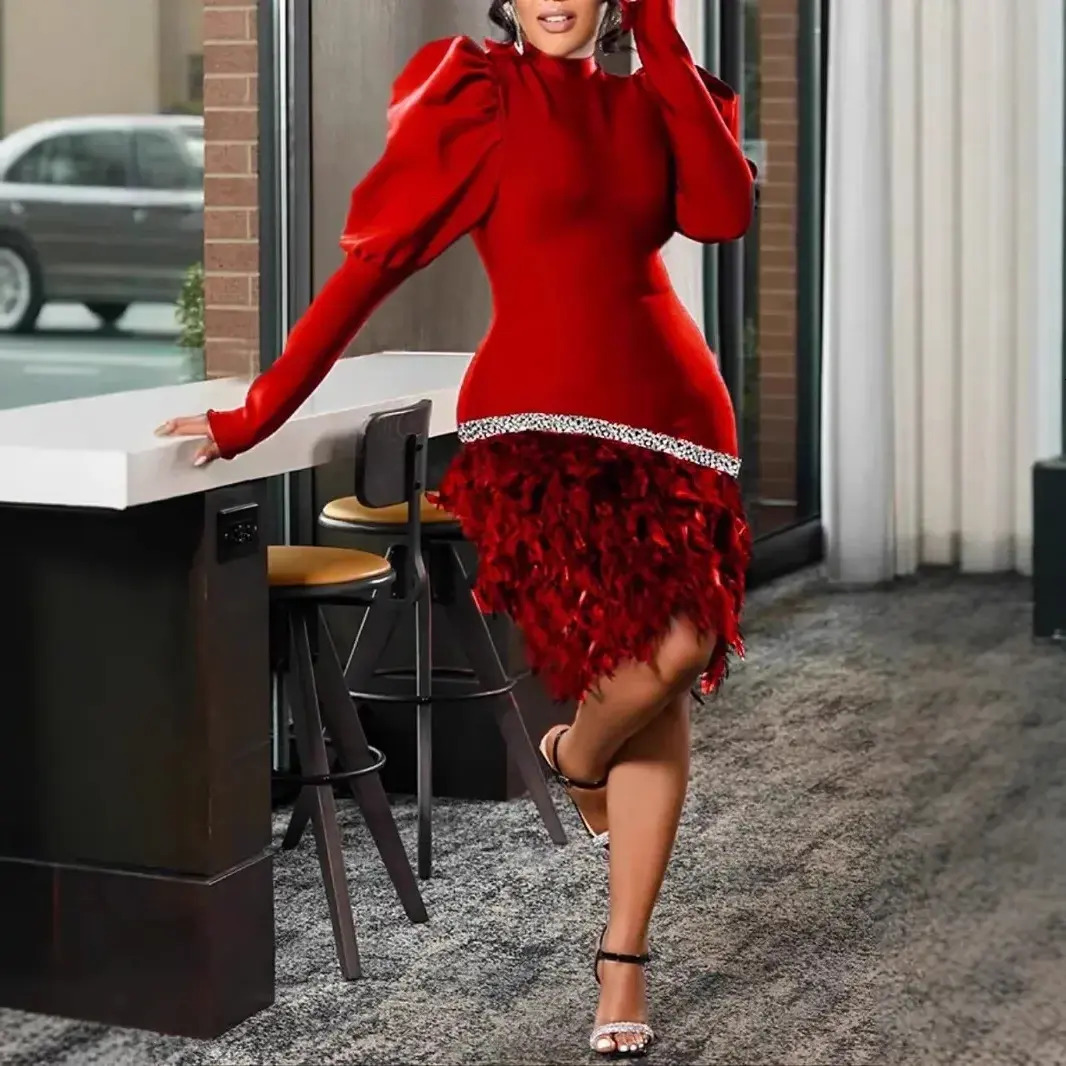 Urban Sexy Dress European American Fashion Red Lantern Long Sleeved Thin And Tight Niche Feather bodycon Jumpsuit Mini For Women 233