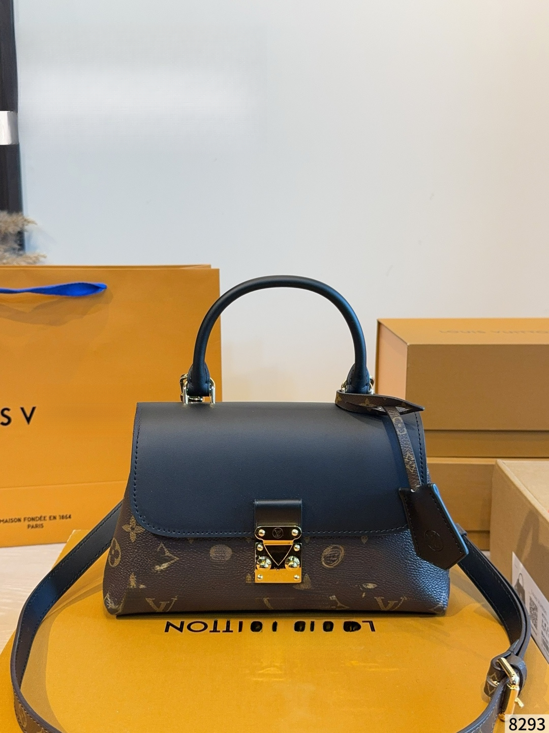 Designer Women Vintage Monogram Print Top Handle Satchel Bag, Color Block Leather Flip Handbag, Gold Lock Hardware Detachable Strap Crossbody Purse