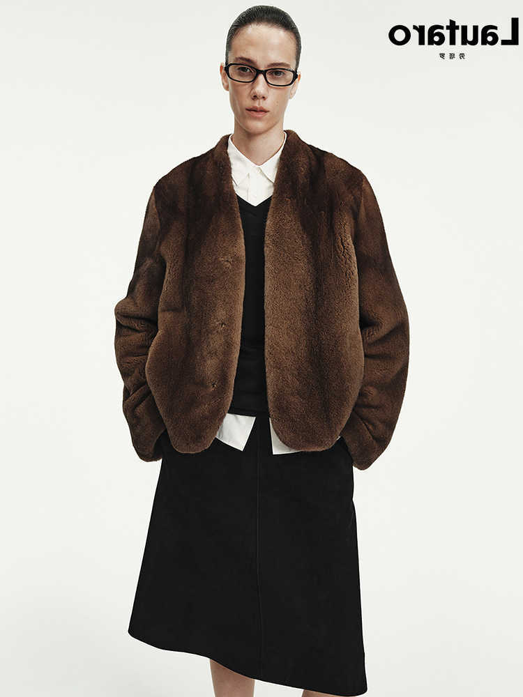 Autumn Lautaro Winter Short Brown Thick Warm Mink Fur Coat Women V Neck Long Slve Elegant Chic Fluffy Jacket S2610167XPQ