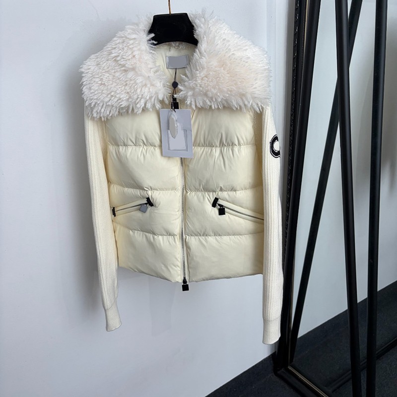 Luxury Women Furry Collar Puffer Jackets Knitted Sleeve Zipper Padded Coat Autumn Winter Daily Wear Casual Long Sleeve Warm Overcoat