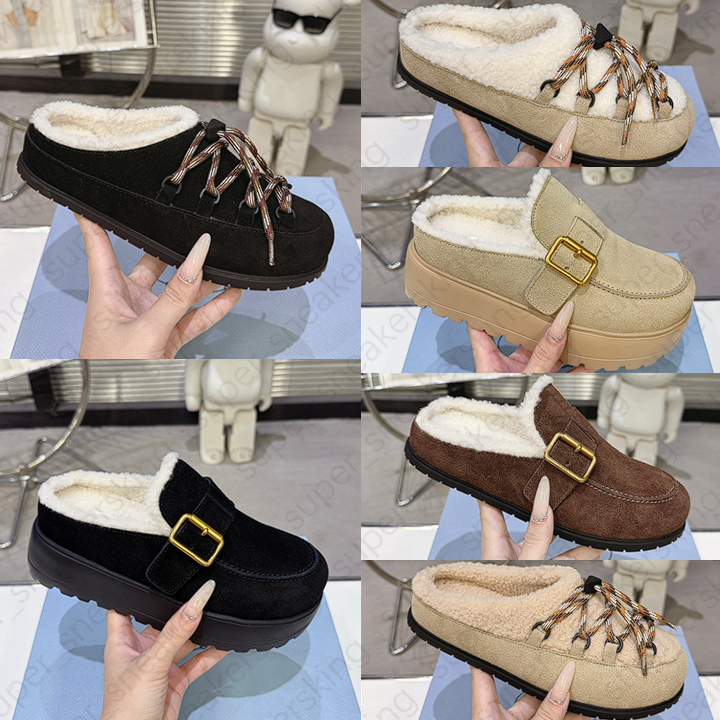Designer Slippers Suede leather Mule Shoes Furry and Warm Women Slides Comfort Calfskin Leather Suede platform Slides Size 35-41