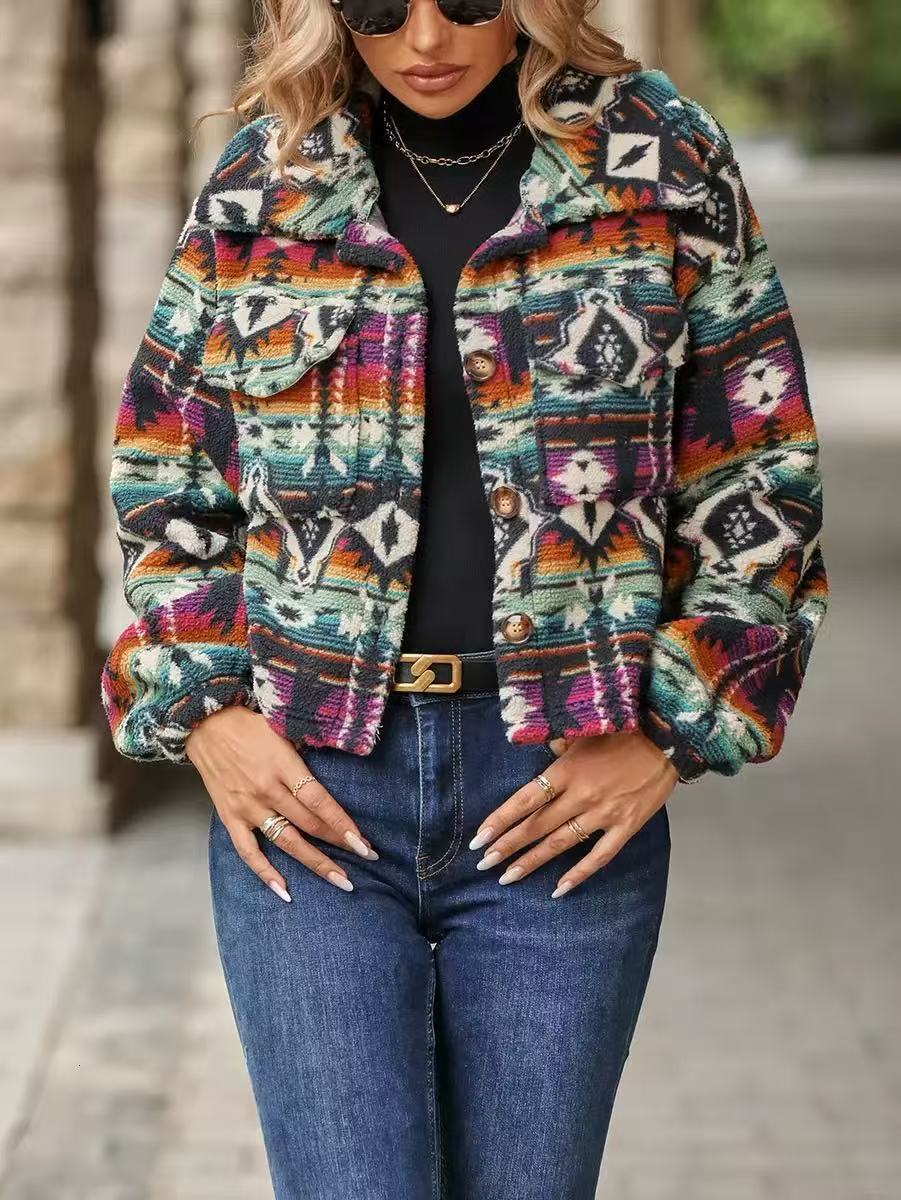 High-End Fashion Daily Luxury Clothing 'S Best-Selling Foreign Trade Cross-Border Women's New Casual Printed Zippered Plush Short Jacket
