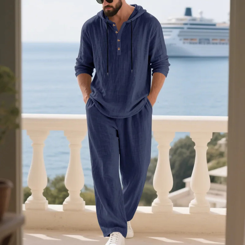 Crossborder Autumn Linen Mens Casual Suit Loose Hooded Henley Shirt Long Sleeve Pants Suit 261019