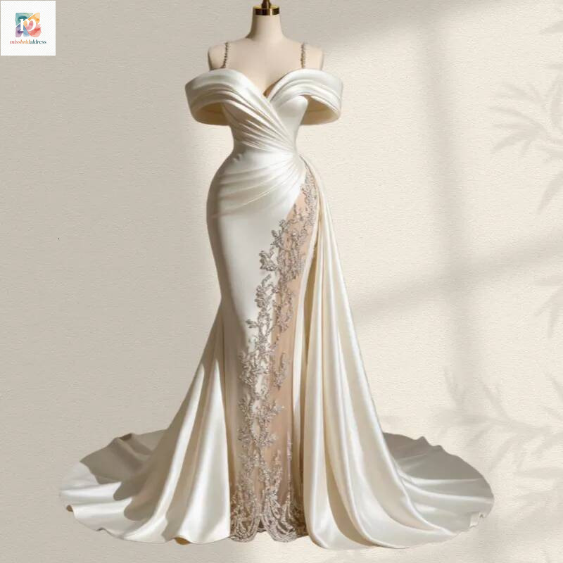 Elegant Ivory Satin Mermaid Wedding Dresses Champagne Linner Lace Appliques Spaghetti Long Bridal Gowns 2026 Bride Reception Dress Customized Mb019