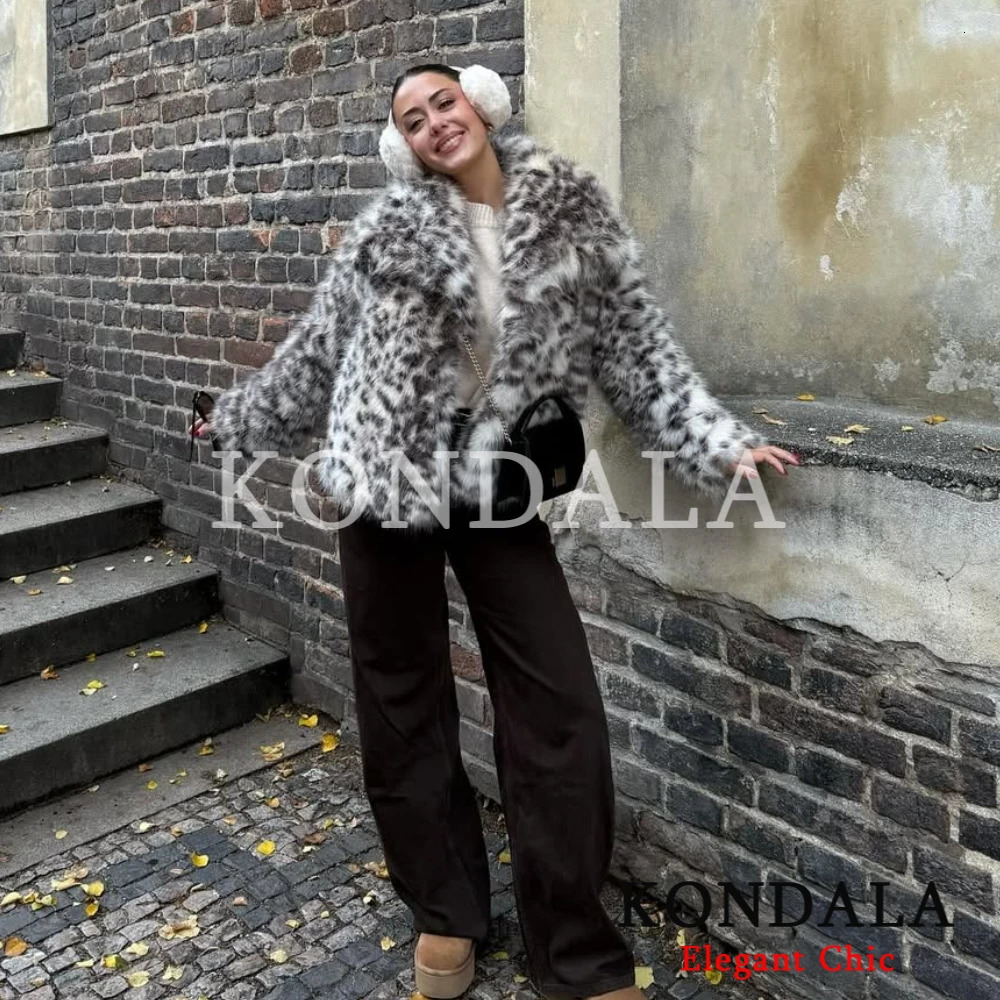 KONDALA Women Leopard Print Faux Fur Coat Lapel Faux Fur Jacket Fall Winter High Street Fashion Party Elegant Female Coat 261019
