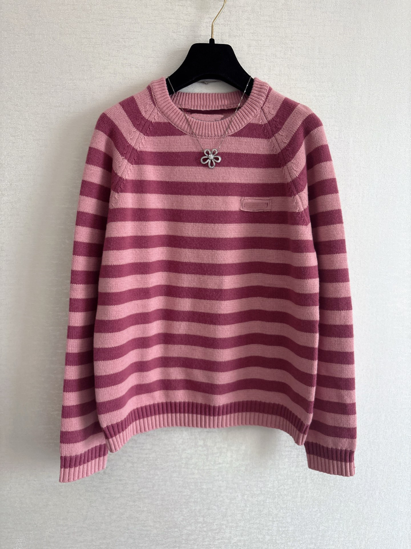 Designer Autumn And Winter New Collection: Pink, Round-Neck, Striped Knit Sweater For Women, Featuring Retro, Loose Fit That Creates A Slimming Effe
