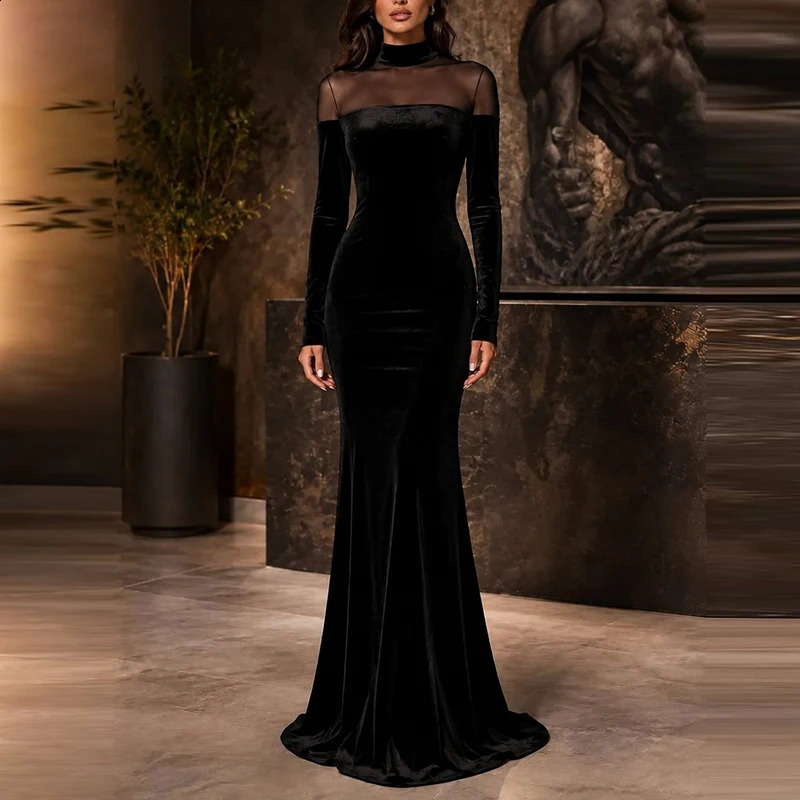 2026 Elegant Women's Party Dresses O Neck See Through Mesh Patchwork Autumn Dress Black Velvet High Waisted Slim FitRobe Dress 261014