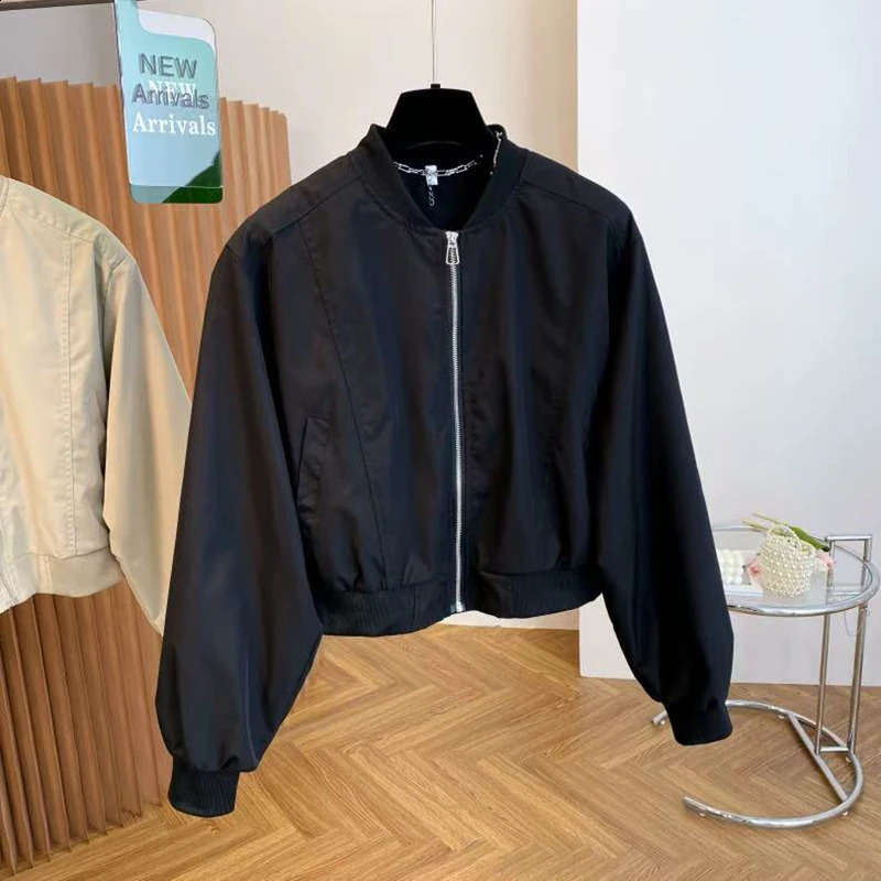 Spring Stand Collar Baseball Jacket Women Y2K Korean Loose Solid Crop Coats Fashion Streetwear All Match Solid Cargo Outerwear 261015