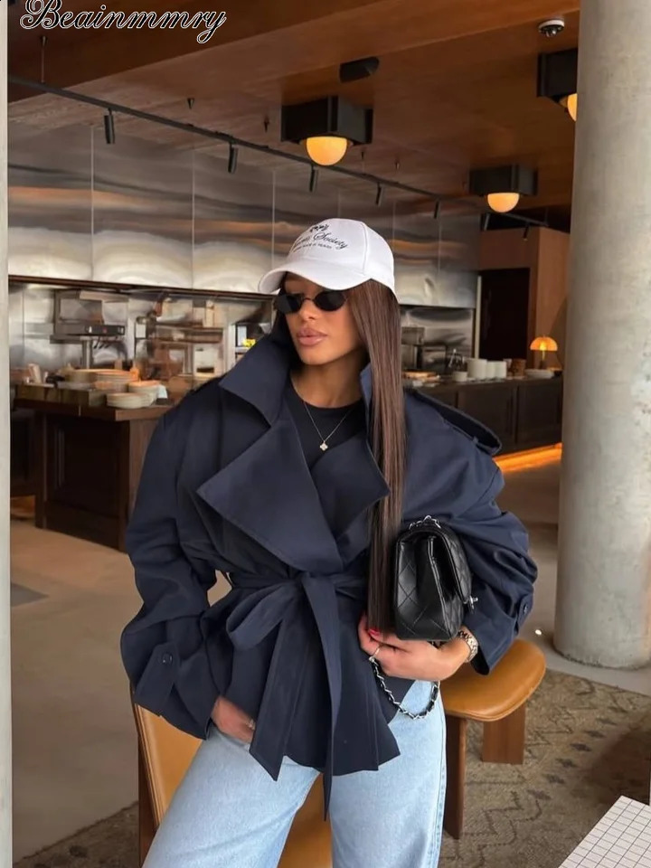Solid Lace Up Short Windbreaker Women Elegant Full Sleeve Button Loose Chic Trench Coat Office Lady Daily Commute Outwear 261015