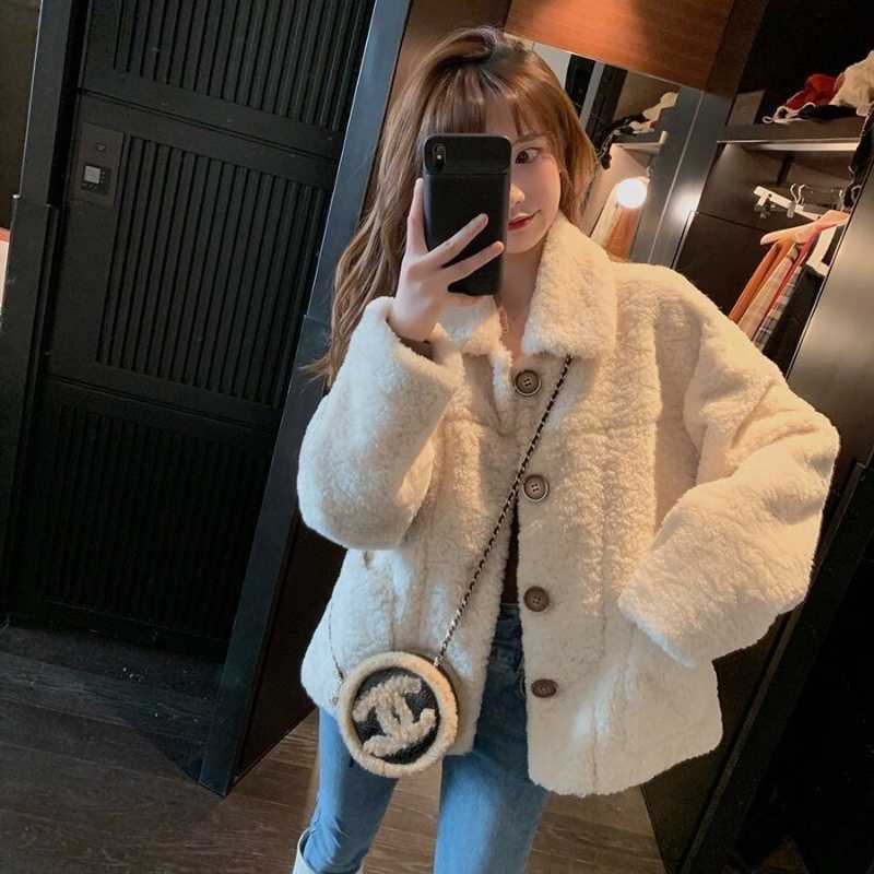 Autumn Women Winter Lamb Wool Fur Thick Plush Warm Cardigan Button Overcoat Solid Loose Long-slved Casual Top Outerwear S261016IX7Q