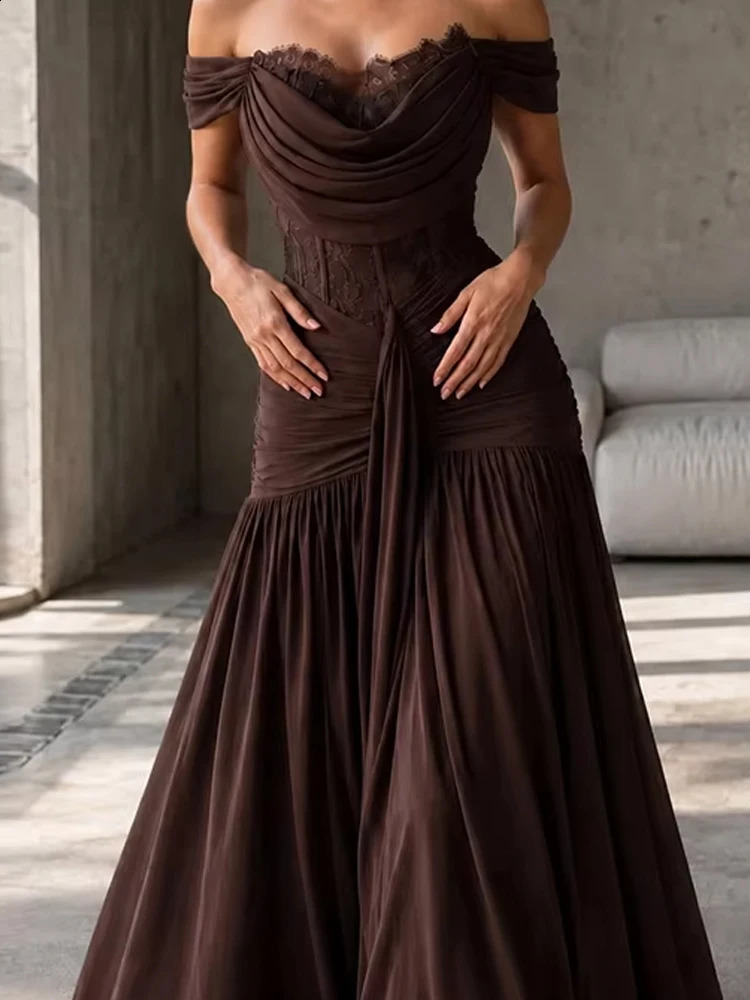 Elegant Lace Splicing Draped Long Dress Women's Fashion Sleeveless Party Gowns Sexy Off Shoulder Strapless Slim Cocktail Dresses 261014