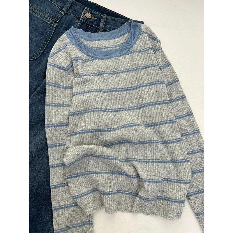 Designer Women Striped Color Block Knit Top Crew Neck Long Sleeve Slim Fit Spring Pullover Sweater Casual Basic Top