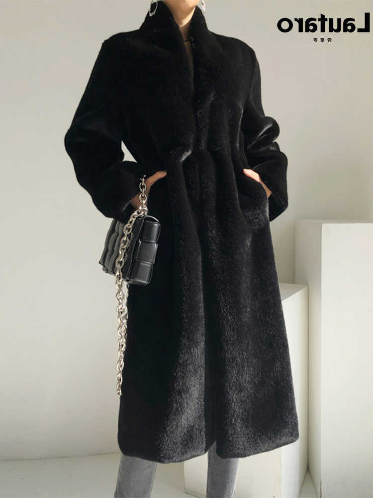 Winter Lautaro Long Black Elegant Thick Warm Fluffy Hairy Soft Mink Fur Coat Women Stand Collar Sashes S261016CFJZ