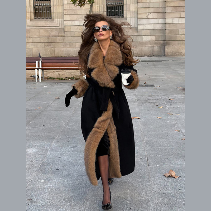 Elegant Lady's Autumn And Winter Fashion Long Woolen Coat With Fur Collar For Women, Foreign Trade