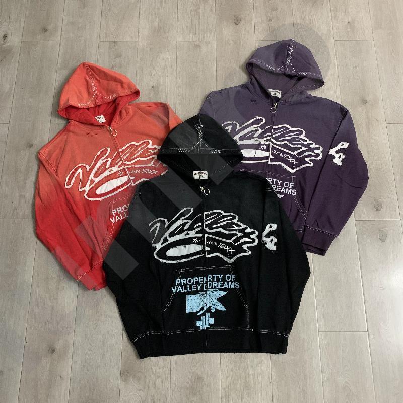 Designer High Quality Streetwear Unisex Zip Up Hoodie Washed Black Distressed Holes Embroidery Letter Casual Loose Long Sleeve Cotton Polyester Swea