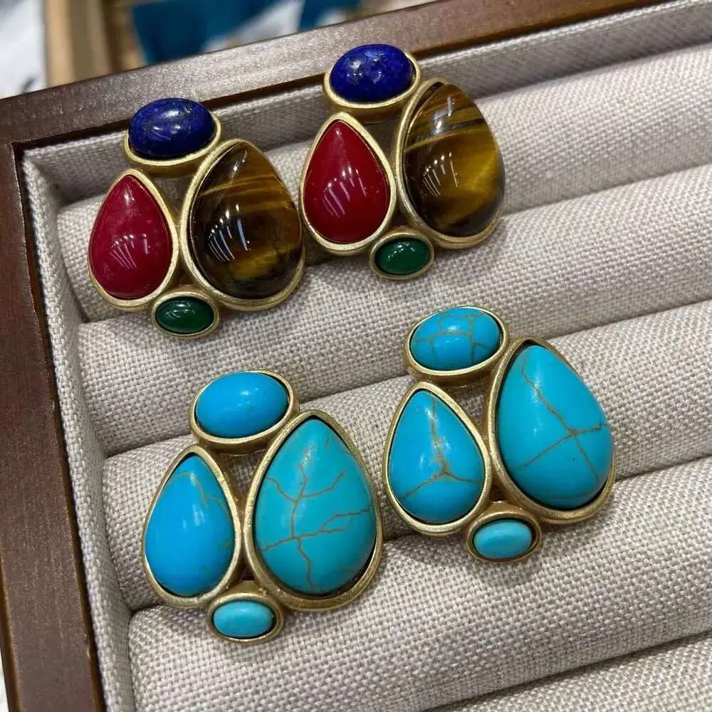 Mini cubic zirconia Flat Stud Earring Dhpet Blue Pine Tiger Eye Red Green Agate Stone Hot Selling Geometric Medieval Vintage Earrings Geometric Hear
