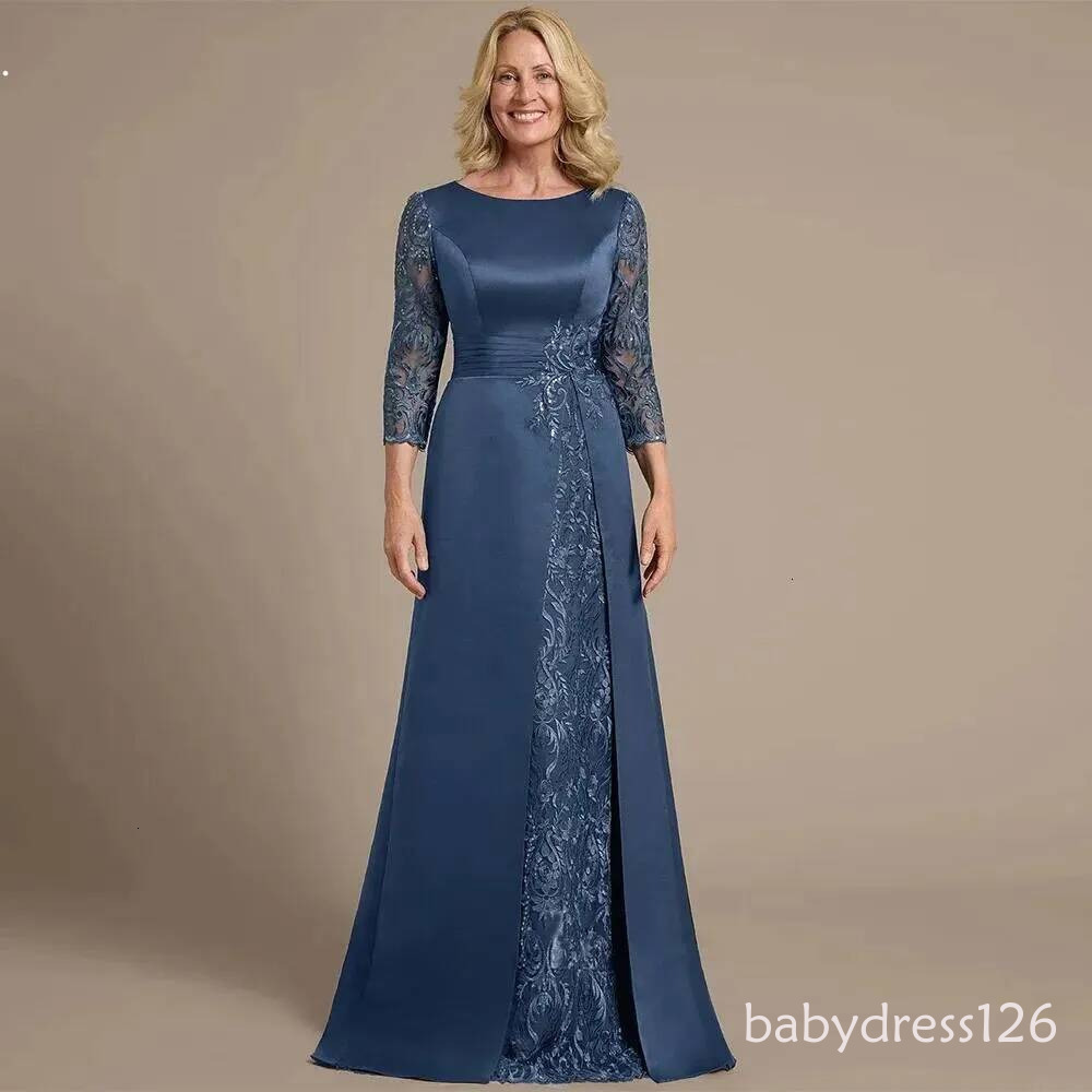 Elegant Ink Blue 2026 Mother of the Bride Dresses Scoop 3/4 Sleeves Lace Appplique Satin Mom Wedding Guest Formal Party Gowns Robe De Soiree
