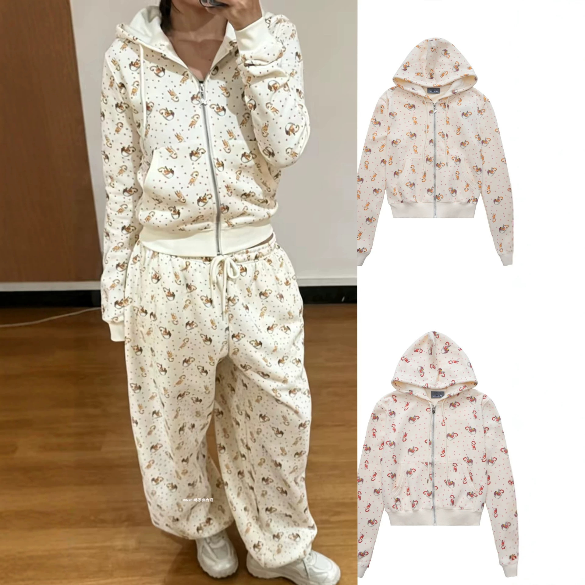 Same style as the Instagram Luxury goods influencer~Y2K anime-inspired, all-over printed rabbit long-sleeve zip-up hoodie and pants set for designer