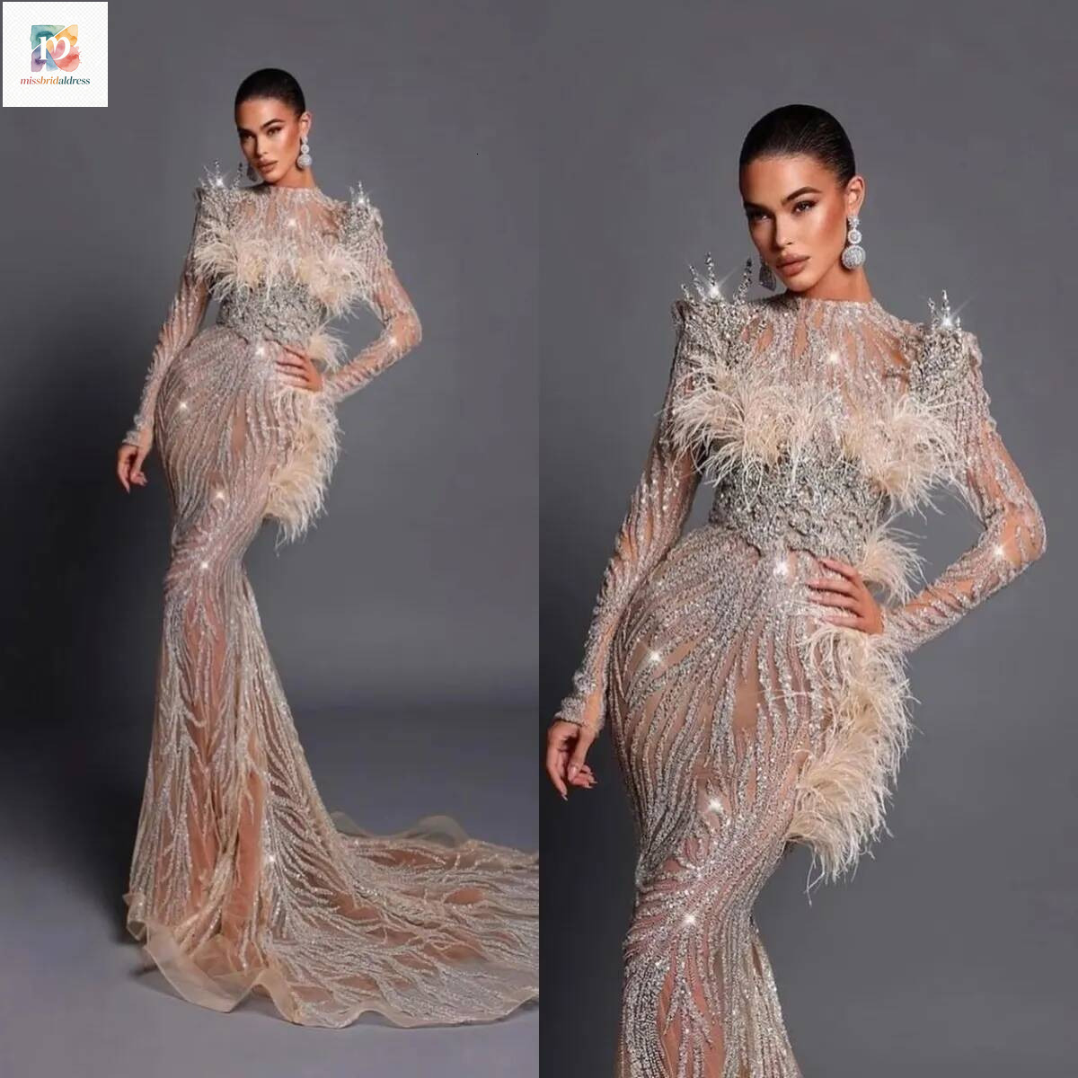 Luxury Feather Wedding Dresses Sequins Crystal Bridal Gowns See Through Long Sleeves Mermaid Rhinestone Customized Bride Vestidos De Novia Plus Size