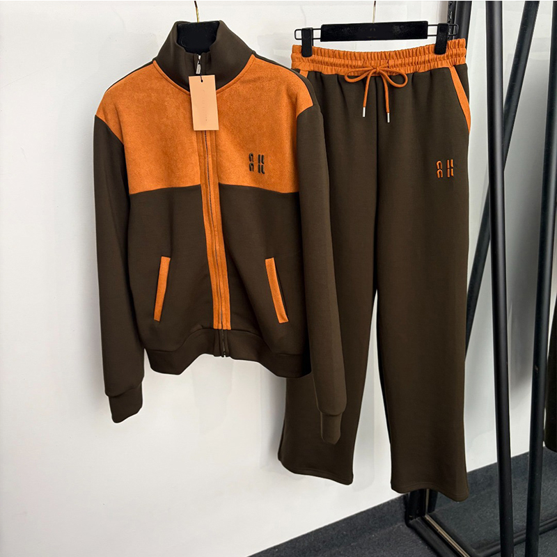 Women 2 Piece Tracksuit Contrast Color Zip Jacket Wide Leg Pants Luxury Designer Sportswear Set