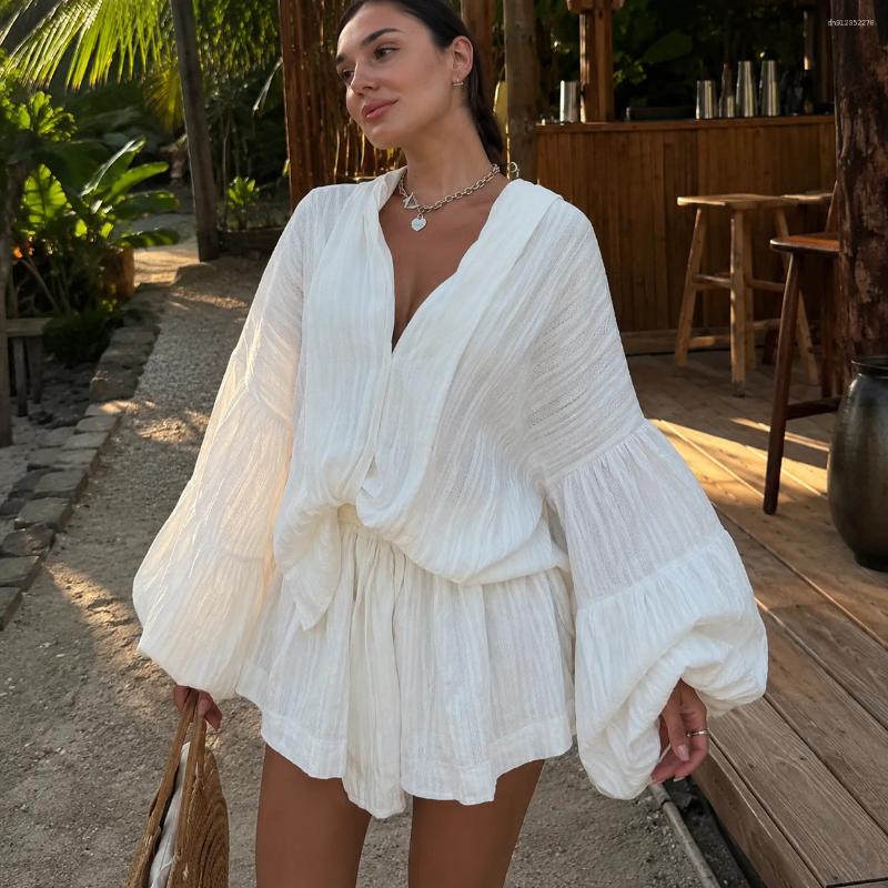 Women Cotton Two Piece Set Long Sleeve Tie Cardigan Blouse Loose Shorts Outfit Casual Beach Streetwear Summer Tops Clothing