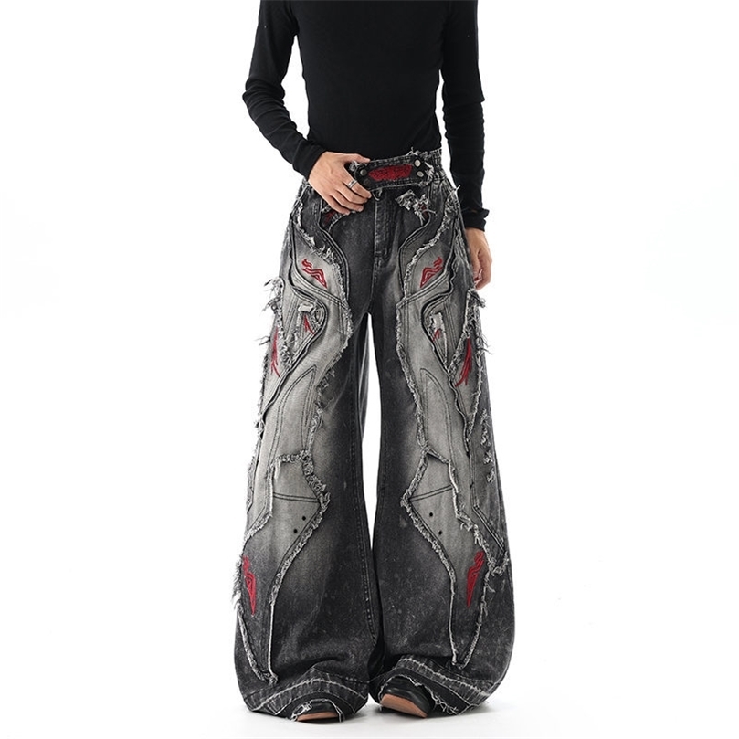 IEFB Black Men Distressed Patchwork WideLeg Jeans Red Embroidery Frayed Edge HighWaist Y2K Streetwear Denim Trousers 9X4389 261016